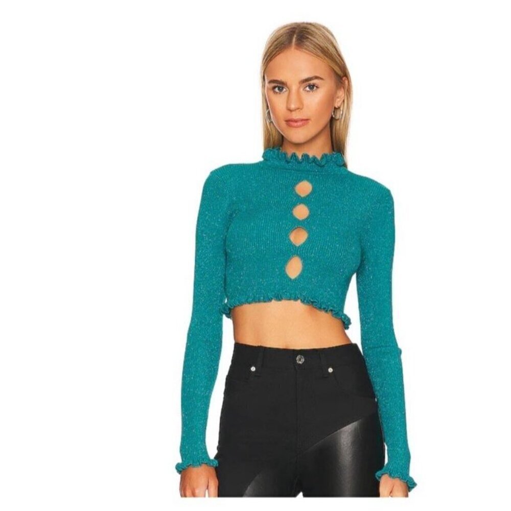 NWT For Love & Lemons "Lorelei" Cropped Sweater Top Teal Blue Metallic XS - Picture 4 of 11